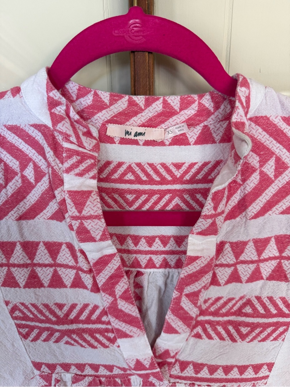 Mi Ami Pink & White Boho Geometric Tiered Mini Dress Bell Sleeve Babydoll - XS - Picture 2 of 4
